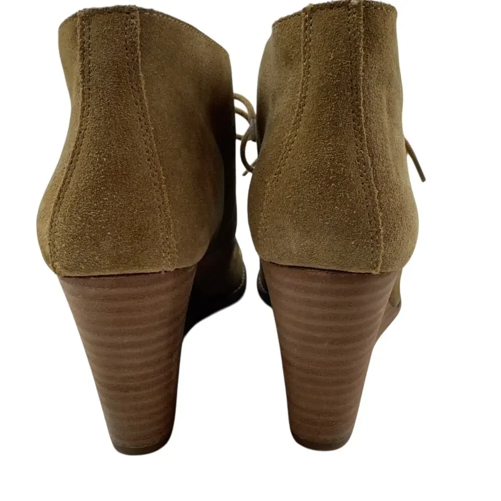 Lucky Brand Yamene Camel Suede Leather Wedge Lace Up Booties Women's Size 8.5